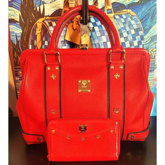 MCM Red Studded Leather Frame Bag and Matching Wallet - Picture 1 of 16